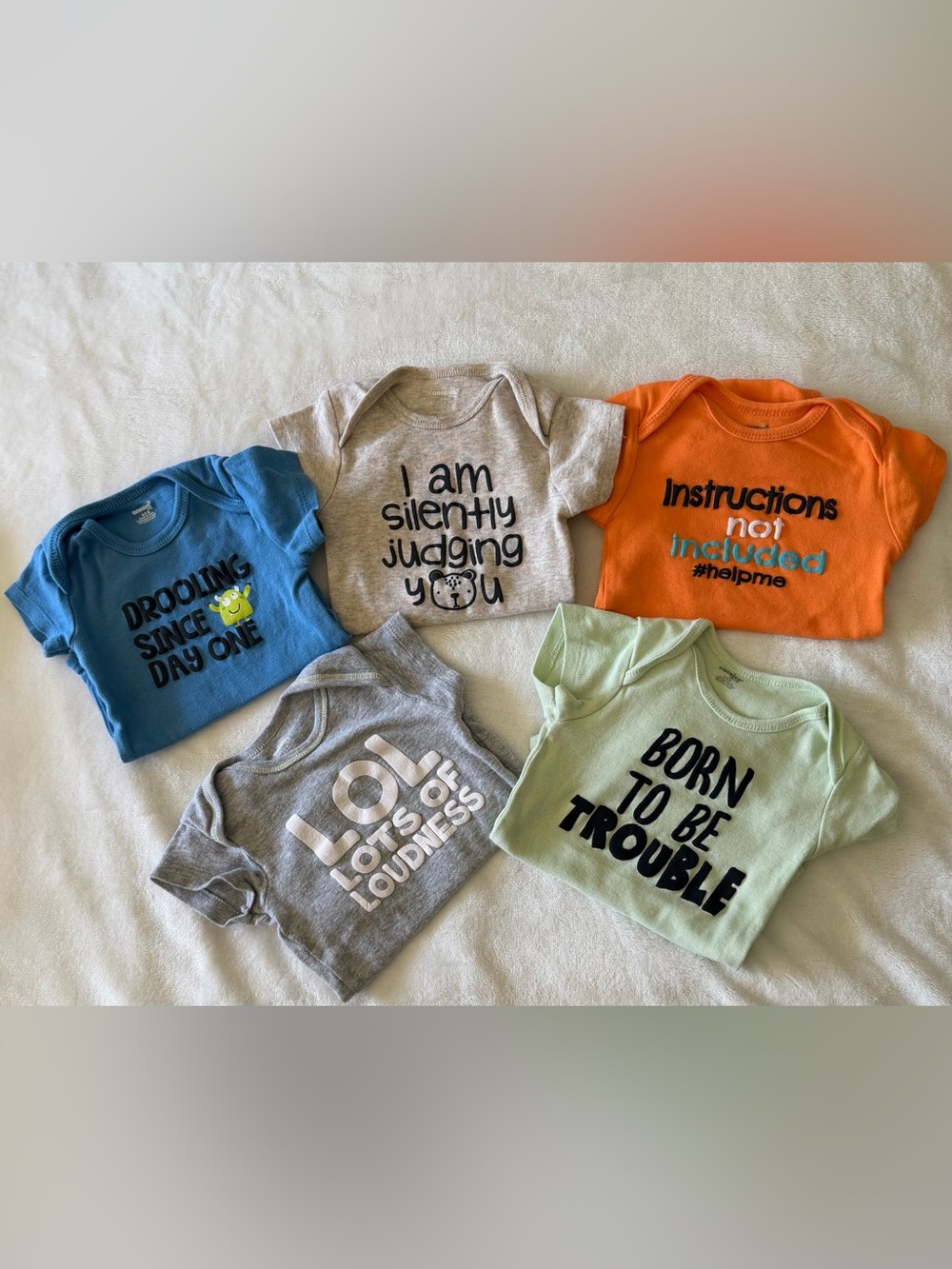 5 piece bundle Assorted Graphic Baby Onesies - Grey, Blue, Orange, Green- 6/9 M